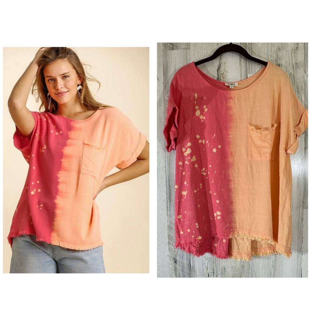 Umgee‎ Womens Small Top Orange Pink Colorblock Splatter Dye Fray Hem Linen Blend